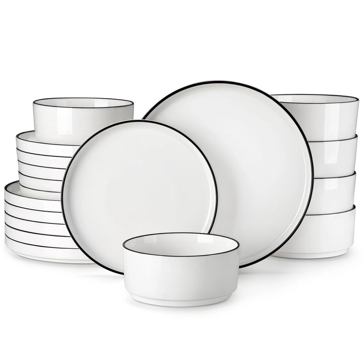 MALACASA 12/16/18/24 Piece Dinner Plates Sets Black Rim Half standing edge Dinnerwar with 4/6PCS Dinner Plate/Dessert/Soup/Bowl