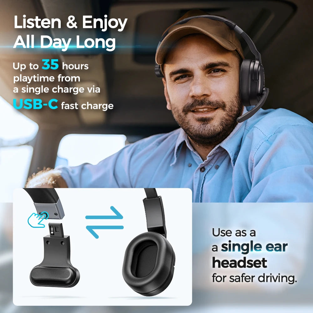 Mpow E65 2 in 1 Wireless Headphones Bluetooth 5.3 Dual/Single Office Headset with Microphone&Mute Switch 35H for Trucker Driver