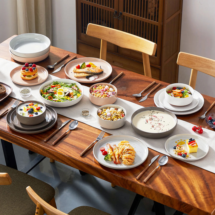 MALACASA TARA 16/32 Piece Stoneware Dinnerware Set Mix-Color Sesame Layered Glaze with 6PCS Dinner plate/Dessert plate/Soup/Bowl