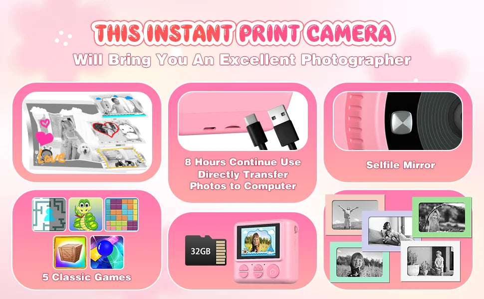 Kids Camera Instant Print 12MP 1080P Digital Camera Toddler HD Video Camera Print Photo Portable Toy Age 3+ Girl Christmas Gift
