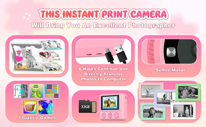 Kids Camera Instant Print 12MP 1080P Digital Camera Toddler HD Video Camera Print Photo Portable Toy Age 3+ Girl Christmas Gift