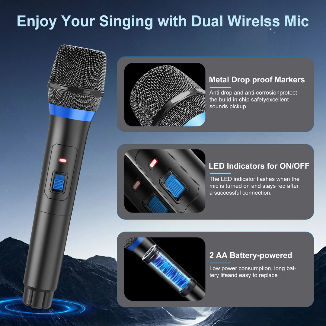 FanFun T17-T Karaoke Machine, Home Karaoke System with LED Party Light, Bluetooth Karaoke Speaker with 2 Wireless Microphones