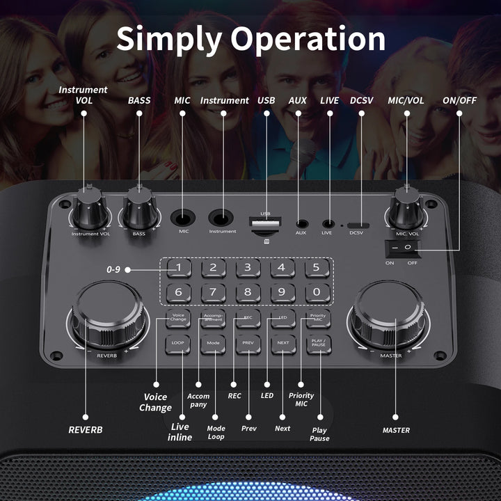 2 Wireless Microphones T19-T Karaoke Machine | Black Karaoke Speaker With Treble/Bass Adjustment, Wireless Speaker PA System