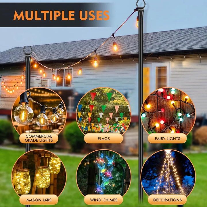 2/4/6 Pack String Light Poles for Outside Garden, Adjustable Heavy-Duty Metal lamp stand for Outdoor String Lights with Fork