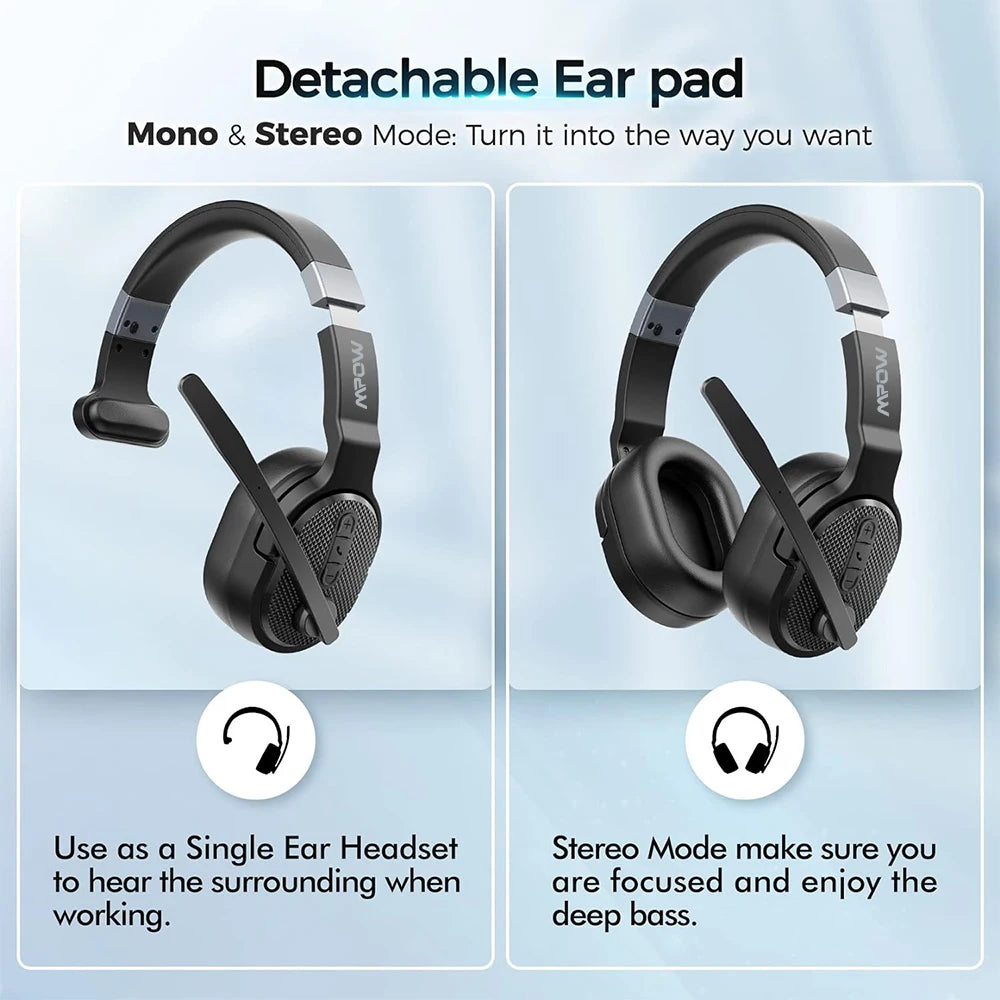 Mpow E65 2 in 1 Wireless Headphones Bluetooth 5.3 Dual/Single Office Headset with Microphone&Mute Switch 35H for Trucker Driver