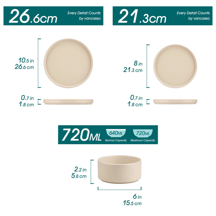 VANCASSO VENUS Serie 12/24/36 Piece CREAM WHITE Stoneware Tableware Set with Dinner/Dessert Plate/Bowl For 4/8/12 People