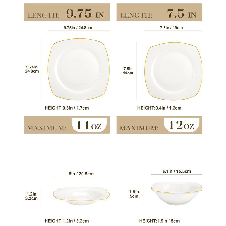 MALACASA 16/32-PCS Nordic European Golden Rim White Bone China Tableware Set with Bowl,Dinner&Dessert&Soup Plate Set for 4
