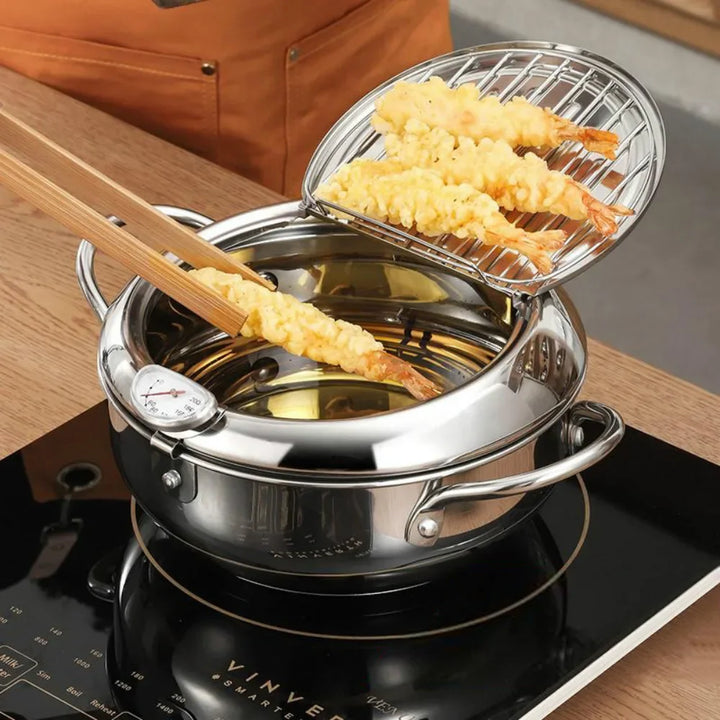 304 Stainless Steel Deep Fryer Pan with Thermometer Kitchen Tempura Deep Fryer Pot for Chicken French Fries Fish Shrimp