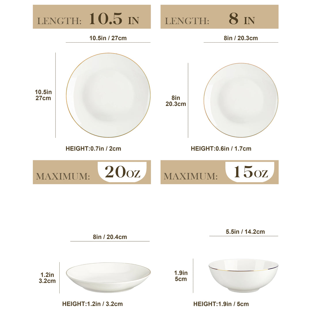 MALACASA 16/32-PCS Nordic European Golden Rim White Bone China Tableware Set with Bowl,Dinner&Dessert&Soup Plate Set for 4