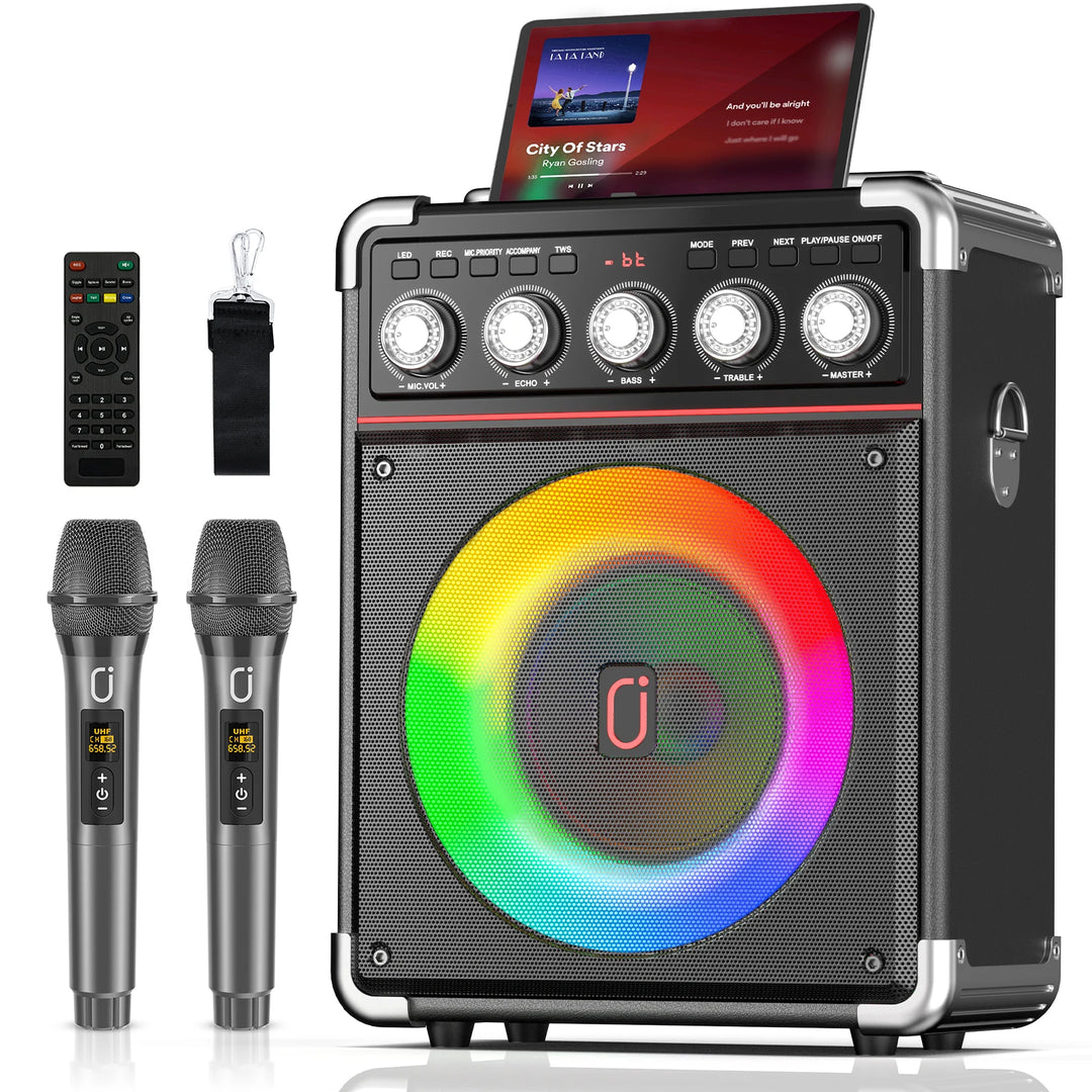 FanFun Portable Speaker Microphones Karaoke Machine with DJ Lighting PA System for Home Singing Adults