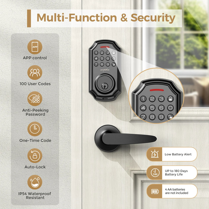 Arpha Smart Door Lock D180H Electronic Lock Bluetooth Door Lock 100 Password App Control Combination Lock Long Battery Life