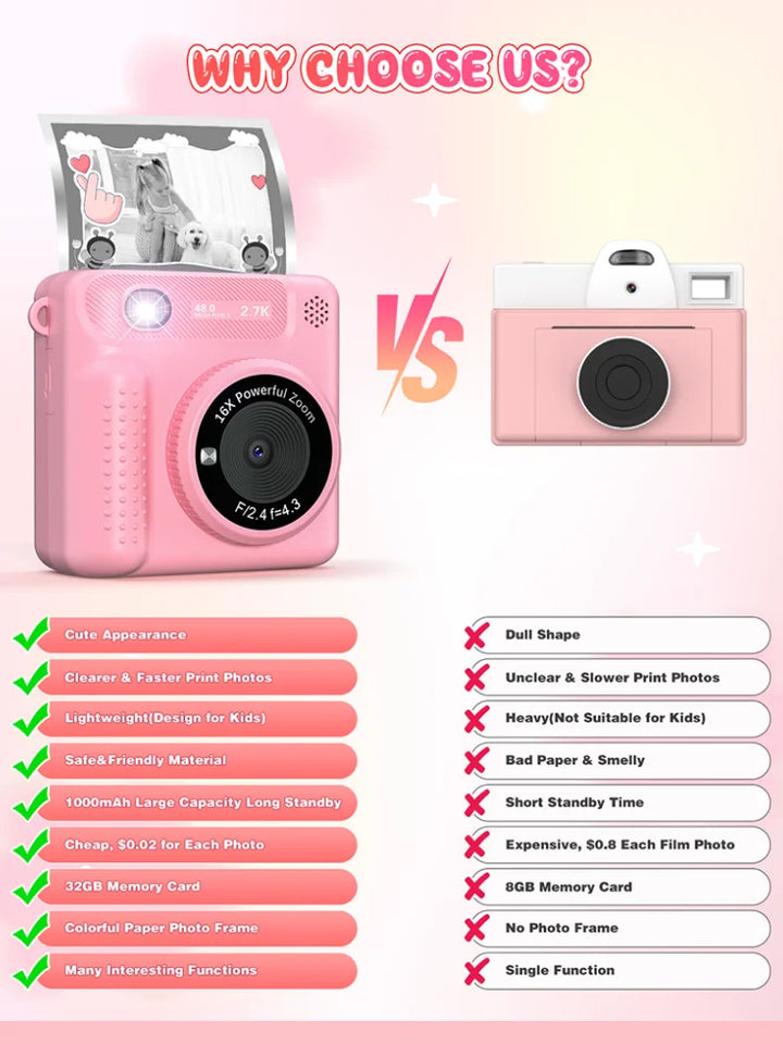 Kids Camera Instant Print 12MP 1080P Digital Camera Toddler HD Video Camera Print Photo Portable Toy Age 3+ Girl Christmas Gift