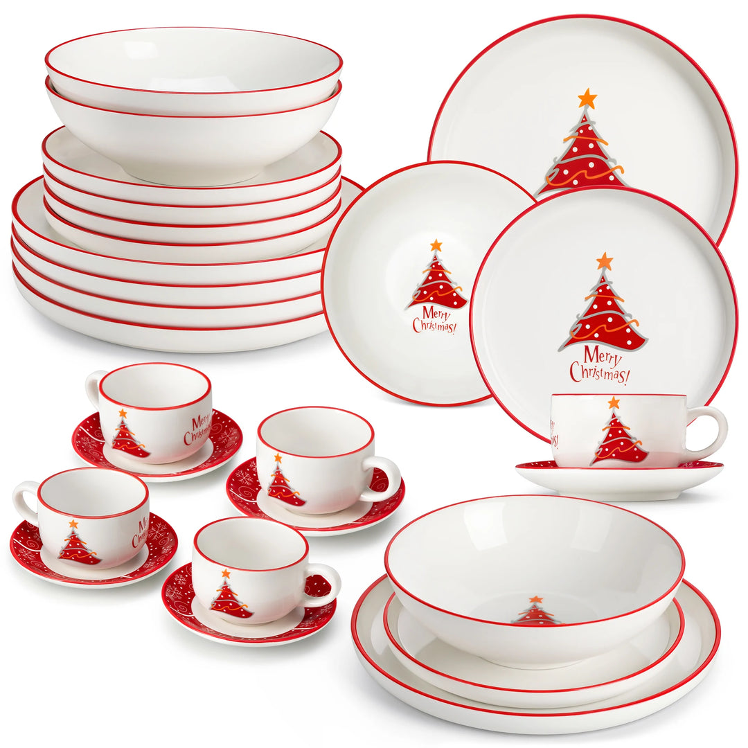 VEWEET 12/30 Piece Christmas Dinnerware Set Christmas Tree Ceramic Plate Set With 4/6pc Dinner Plate/Dessert/Soup/Bowl/Mug