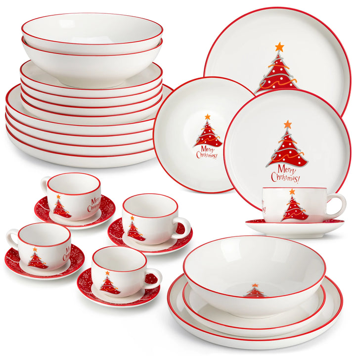 VEWEET 12/30 Piece Christmas Dinnerware Set Christmas Tree Ceramic Plate Set With 4/6pc Dinner Plate/Dessert/Soup/Bowl/Mug