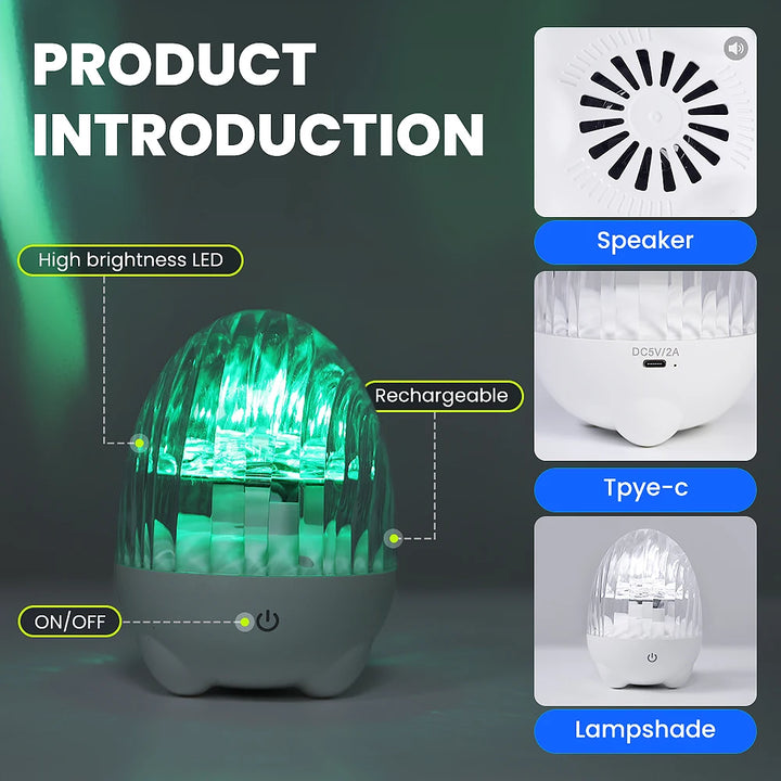 2-in-1 Music Player & Nebula Projector Desk Lamp - Dinosaur Egg Design Colorful LED Light Show With Water Ripple Effect, Remote