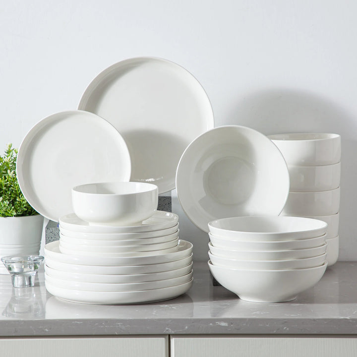 MALACASA 16/32 Piece White and black Rim Porcelain Dinnerware Set Curved Edge with 4 pcs dinner plate/Dessert Plate/Soup/Bowl