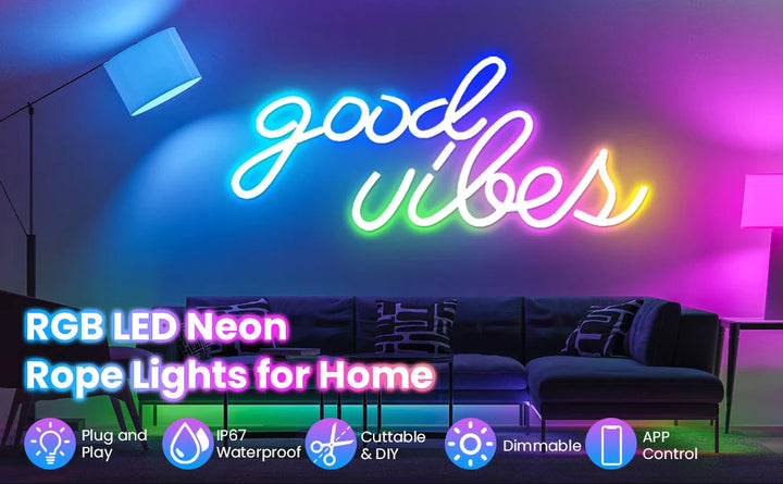 neon rope lights,GB Led Strip Lights, Waterproof IP67, DIY Design, Music Sync,  Remote Control, Multiple Modes