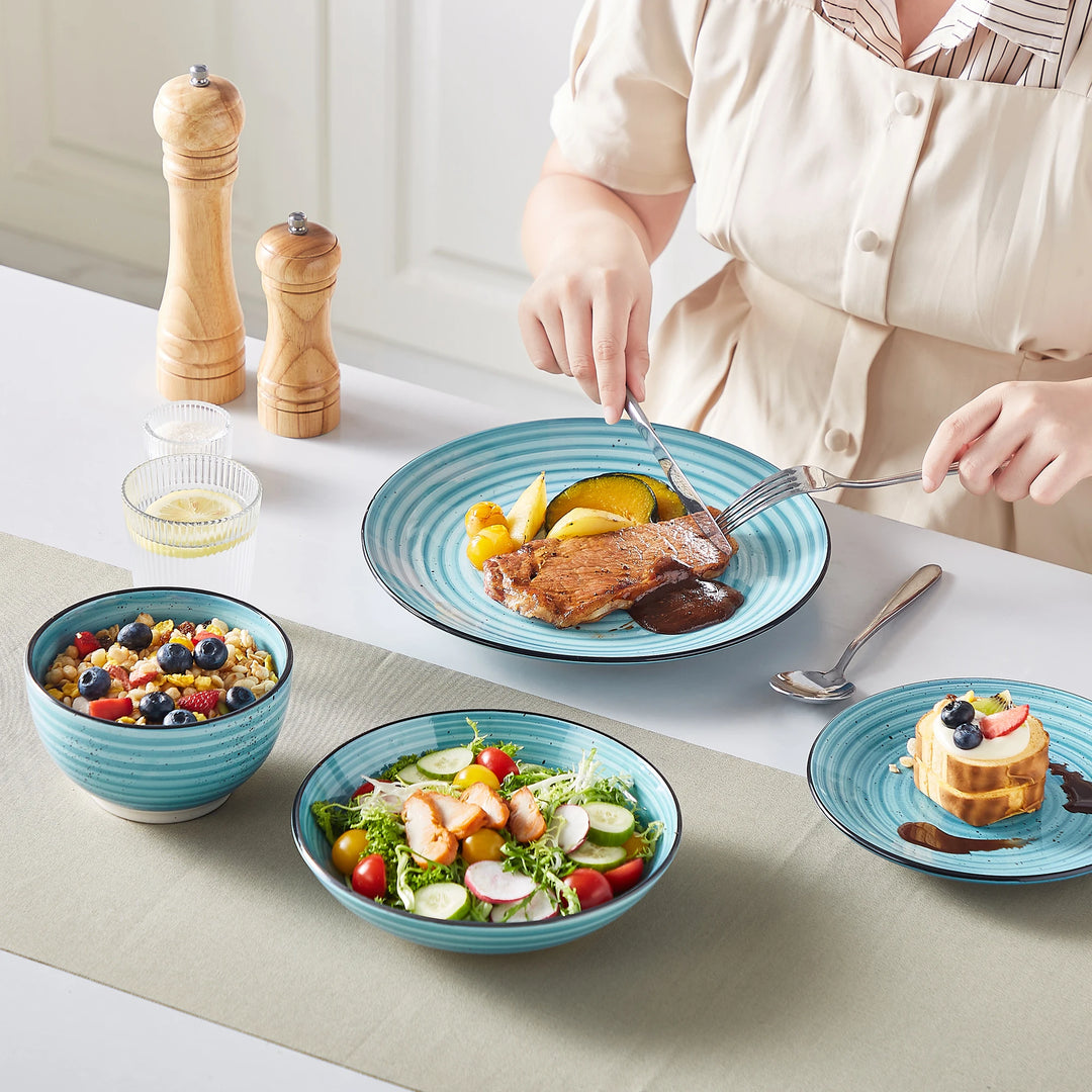 vancasso 24/48 Piece Blue Plates Dinner Sets Two-Sided Dinnerware Sets Handpainted Spiral With 6 Dinner Plate/Dessert/Soup/Bowl