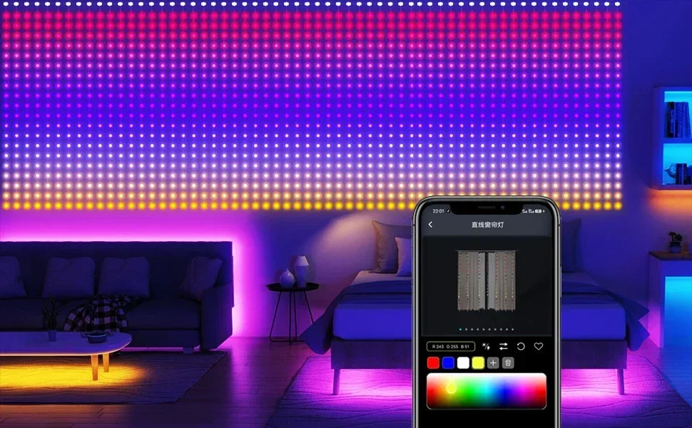 Smart Curtain Lights String App Controlled LED Window Hanging Curtain Lights 300/200 LED RGB Color Music Pattern  Change Display