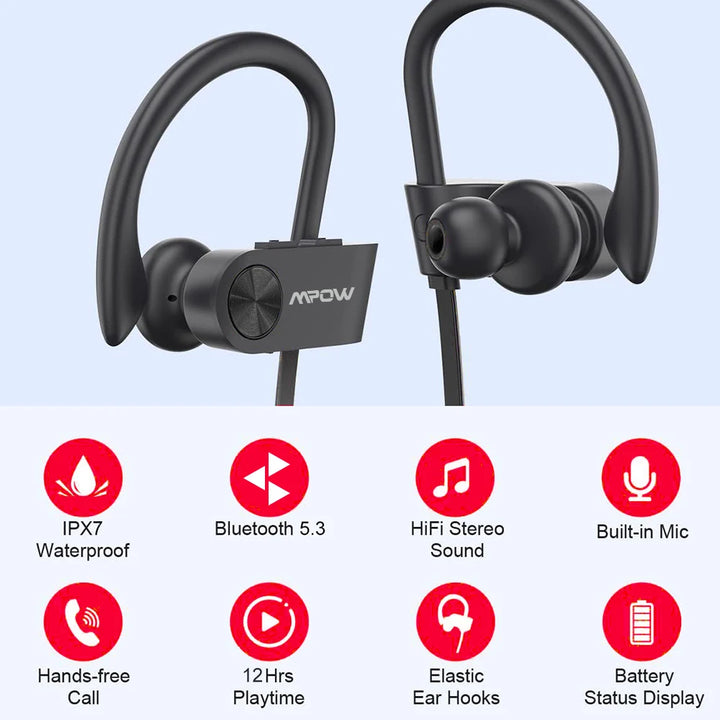 New Version Mpow Flame Sports Earphones IPX7 Waterproof Bluetooth V5.3 Earbuds 12 Hours Playtime & Noise Canceling Mic for iPhone