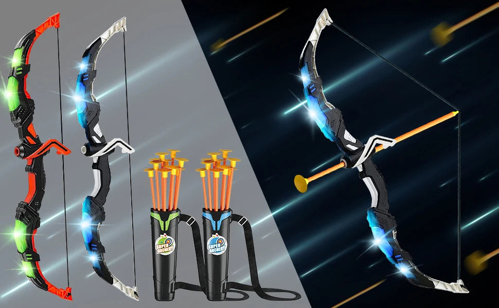 VATOS 2X Bow Arrow + Guns Toy For Kids LED Light Up Archery with Suction Cup Stand Target Dart Board Indoor Outdoor Game Toys