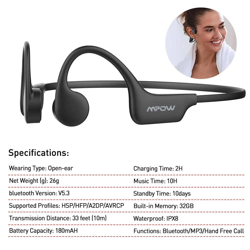 Mpow X6 Pro Bone Conduction Headphones Wireless Bluetooth 5.3 Waterproof IPX8 Professional Sports Headset Built-in 32GB Memory