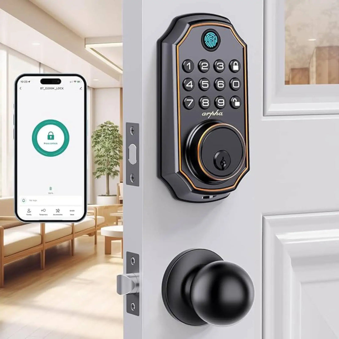 Arpha Smart Door Lock Bluetooth Door Lock 5-in-1 Keyless Entry Lock Fingerprint Electronic Deadbolt w/ Handle Set Home Security