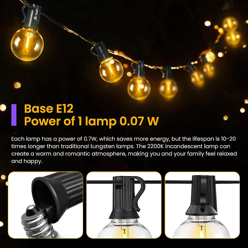 LED G40 Globe String Lights With US Plug, E12 Base, Waterproof Shatterproof Outdoor Hanging Patio Lamps for Backyard Porch