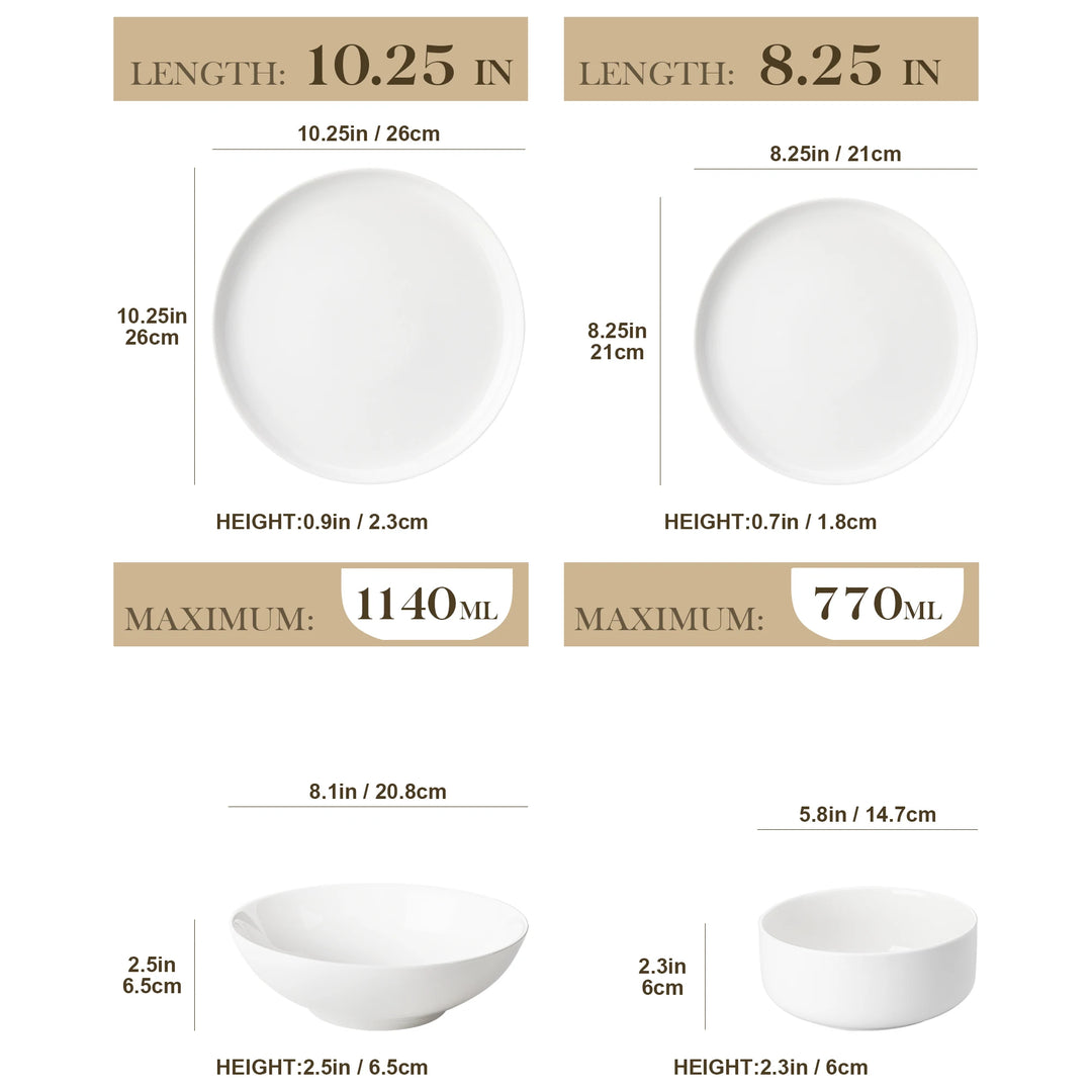 MALACASA 16/32 Piece White and black Rim Porcelain Dinnerware Set Curved Edge with 4 pcs dinner plate/Dessert Plate/Soup/Bowl