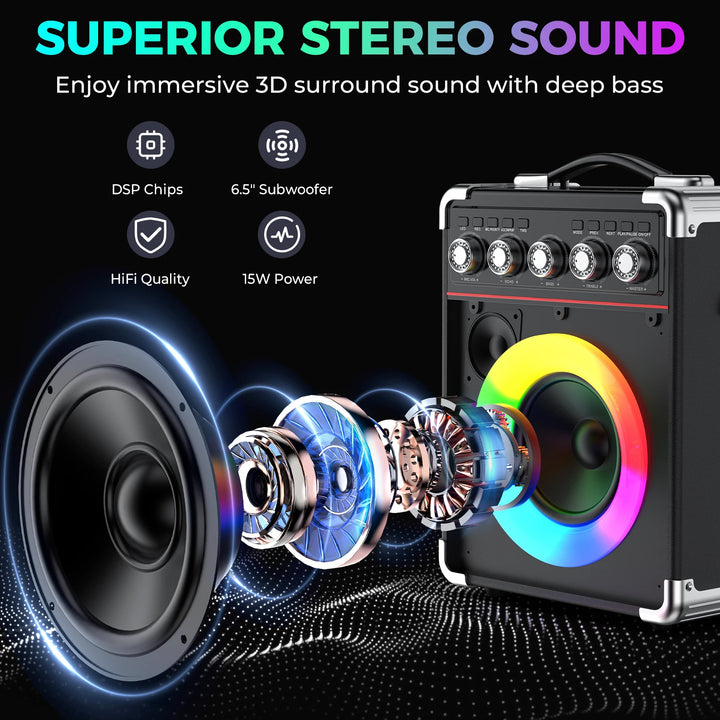 FanFun Karaoke Speaker, Bluetooth Speaker with 2 Microphones and LED Light, Portable Wireless Speaker, Outdoor Party Speaker