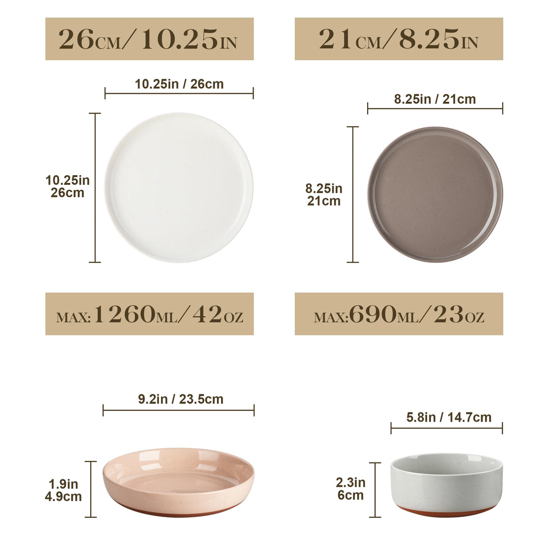MALACASA TARA 16/32 Piece Stoneware Dinnerware Set Mix-Color Sesame Layered Glaze with 6PCS Dinner plate/Dessert plate/Soup/Bowl