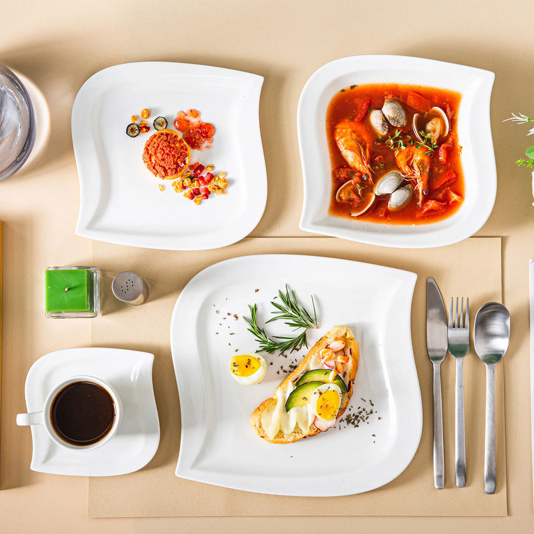 MALACASA 30/60 Piece White Porcelain Dinner Set with Cups Saucers Dessert Soup Dinner Plates Tableware Service for 6/12