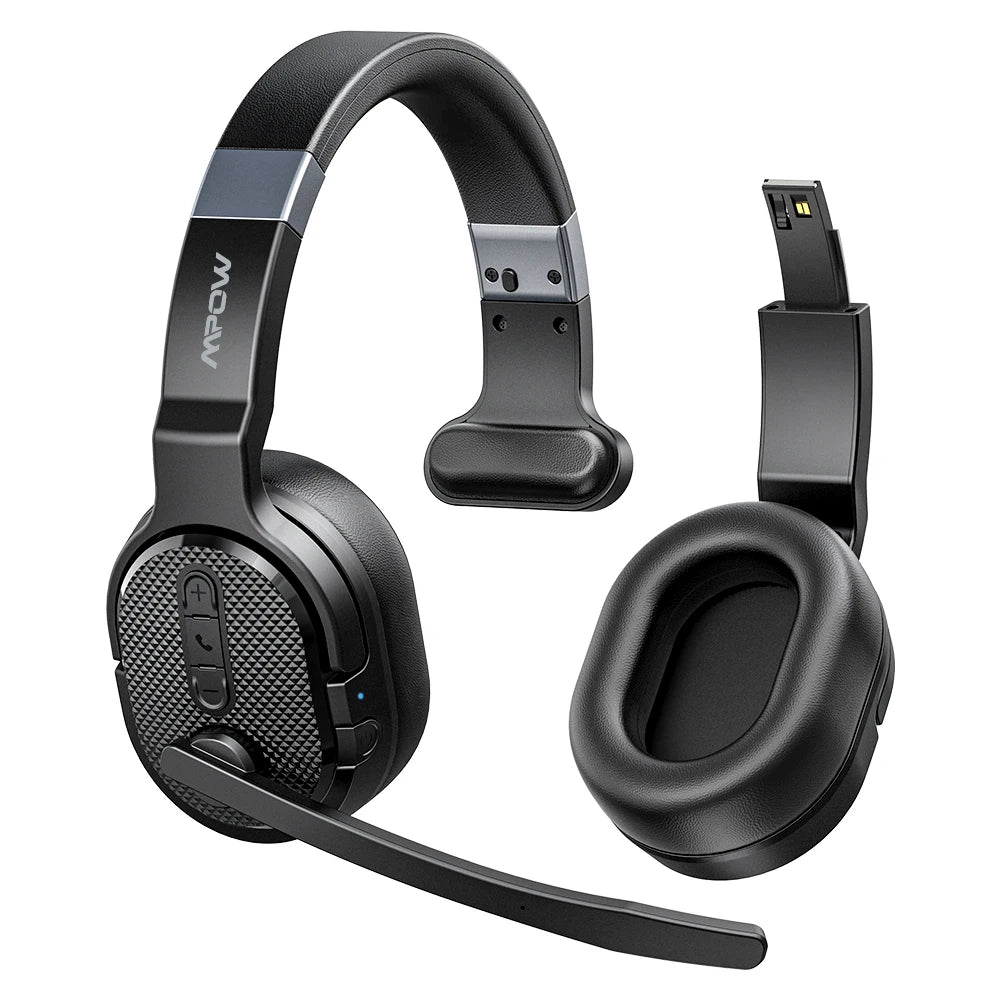 Mpow E65 2 in 1 Wireless Headphones Bluetooth 5.3 Dual/Single Office Headset with Microphone&Mute Switch 35H for Trucker Driver