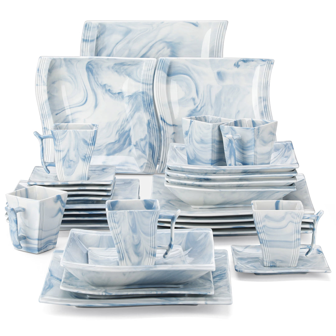 MALACASA Flora 30-Piece Marble Pink Porcelain Dinnerware Set with 6*Dinner ,Dessert,Soup Plate,Cups&Saucers Two color optional