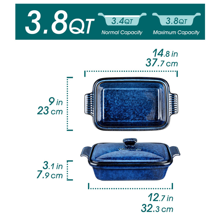 Vancasso Starry 3.8/1.9 Quart Blue Casserole Baking Dish Large Lasagna Pan with Lid Stoneware Casserole with Lid Microwave