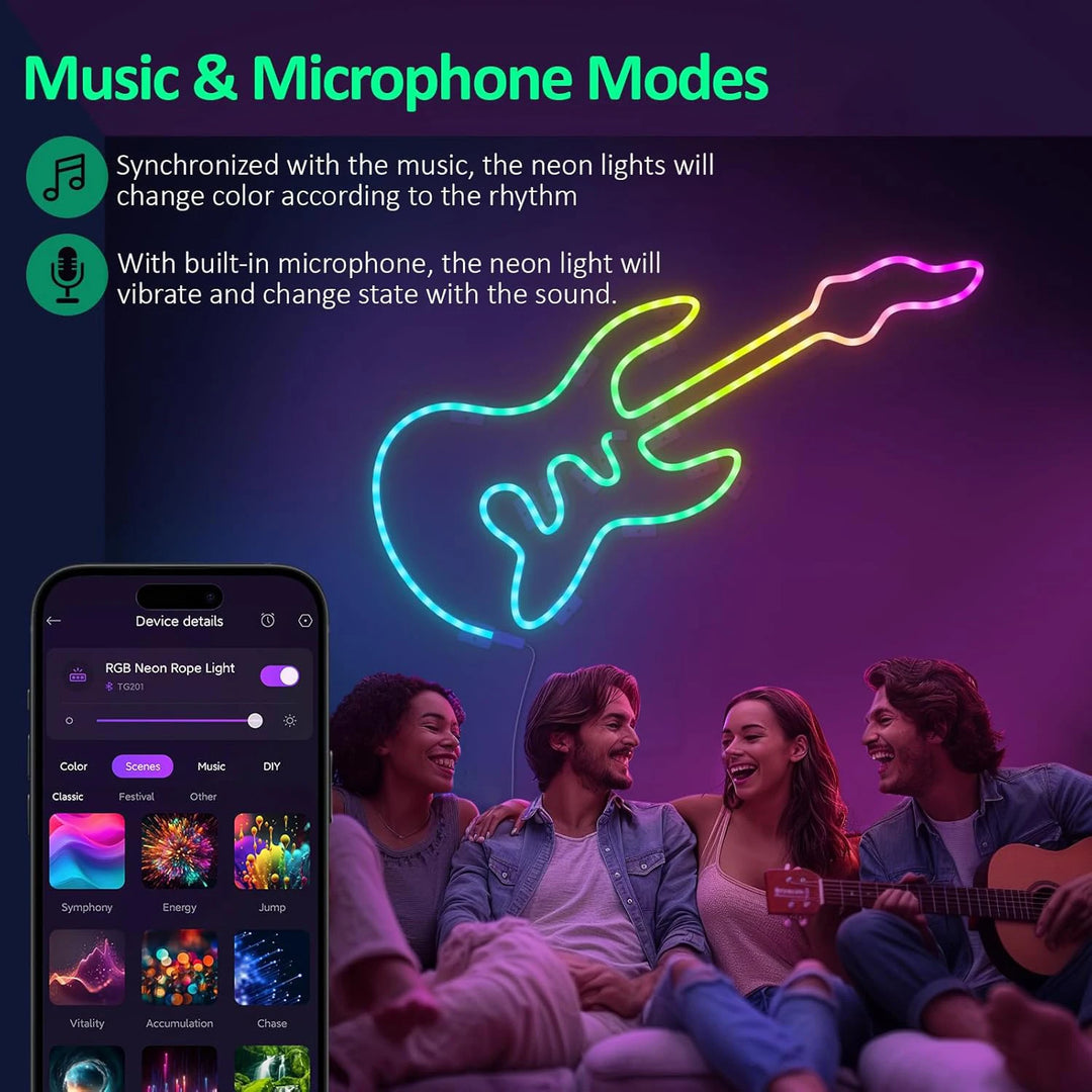 neon rope lights,GB Led Strip Lights, Waterproof IP67, DIY Design, Music Sync,  Remote Control, Multiple Modes