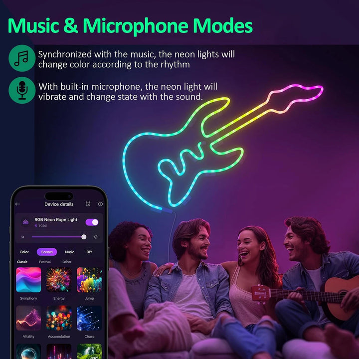 neon rope lights,GB Led Strip Lights, Waterproof IP67, DIY Design, Music Sync,  Remote Control, Multiple Modes