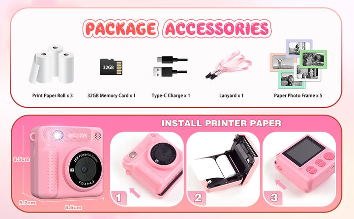 Kids Camera Instant Print 12MP 1080P Digital Camera Toddler HD Video Camera Print Photo Portable Toy Age 3+ Girl Christmas Gift