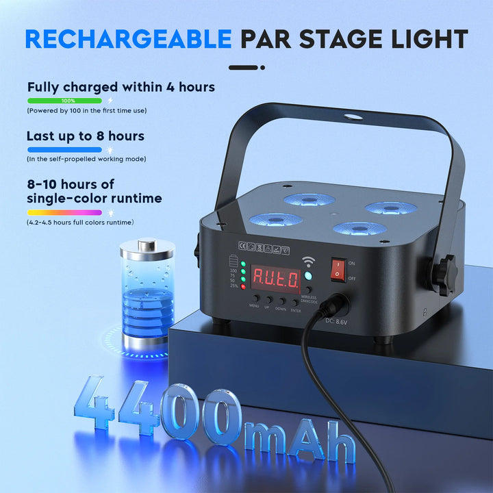 U'King 4Pcs Mini Battery Powered Rechargeable Par Light 4X18W RGBWA UV Stage Light DMX512 LED Uplight For Festival Party Wedding