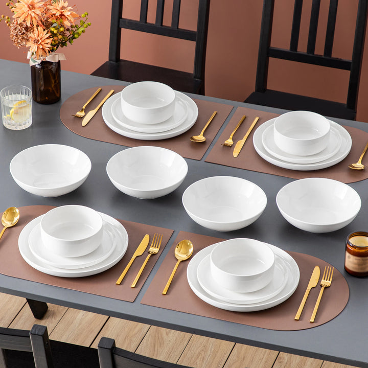 MALACASA 16/32 Piece White and black Rim Porcelain Dinnerware Set Curved Edge with 4 pcs dinner plate/Dessert Plate/Soup/Bowl