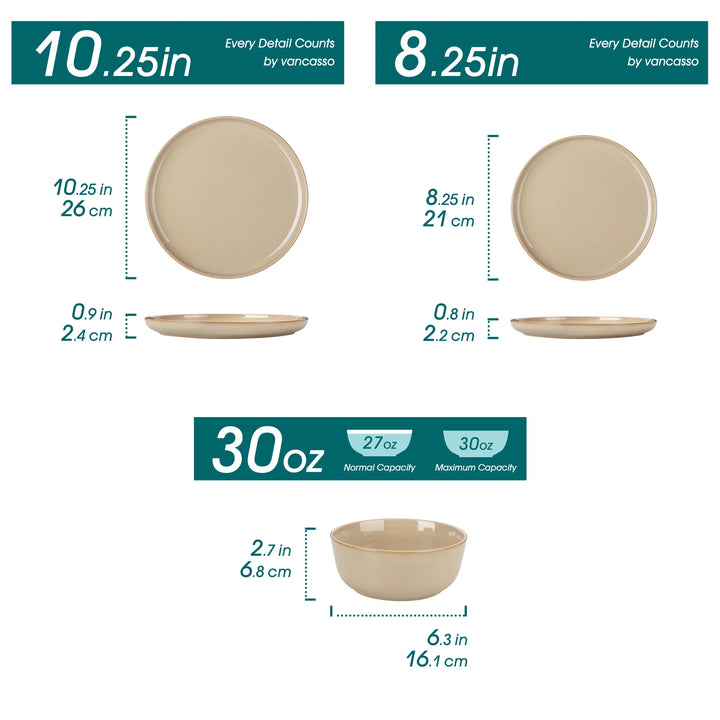 vancasso 12/16/18/24 Piece Light-Brow Reactive Glaze Stoneware Plates Set Dinnerware Sets with 4/6 pcs Dinner Plate/Dessert/Bowl