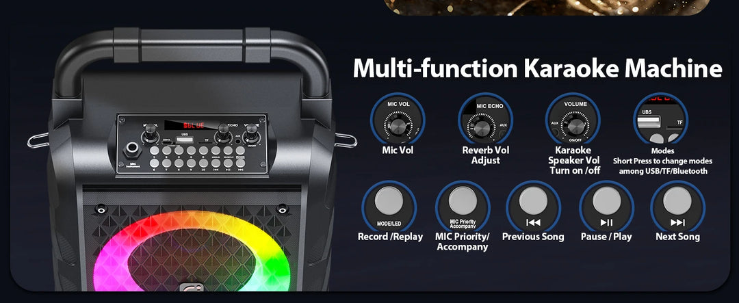 FanFun Wireless Speaker, Portable Bluetooth Speaker with Microphone and LED Light, Karaoke Speaker Machine, Home Karaoke System