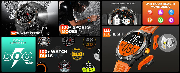 LaNikar Smart Watch 3ATM Waterproof 1.53" New KT76 Men Sport With Compass And LED Flashlight Heart Rate Sleep Analysis Bluetooth