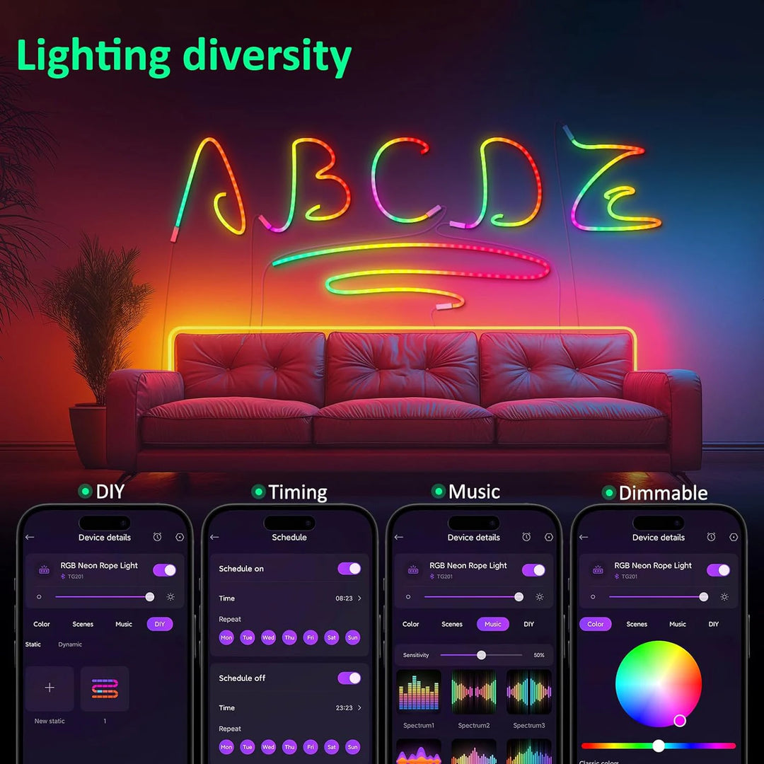 neon rope lights,GB Led Strip Lights, Waterproof IP67, DIY Design, Music Sync,  Remote Control, Multiple Modes