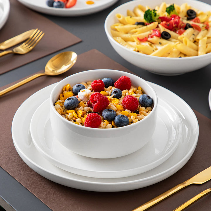 MALACASA 16/32 Piece White and black Rim Porcelain Dinnerware Set Curved Edge with 4 pcs dinner plate/Dessert Plate/Soup/Bowl