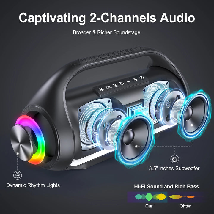 JYX Bluetooth Speaker, Portable Speaker with DJ Lights, Deep Subwoofer, Waterproof Outdoor Speaker with 2 Wireless Microphone