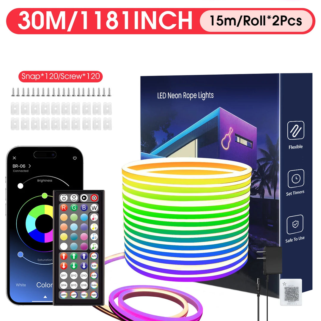 Outdoor Neon LED Rope Lights,  LED Lights For Bedroom Flexible LED Light Strip With Remote And APP Control RGB Lighting Strip