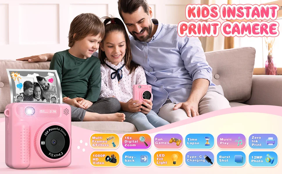 Kids Camera Instant Print 12MP 1080P Digital Camera Toddler HD Video Camera Print Photo Portable Toy Age 3+ Girl Christmas Gift