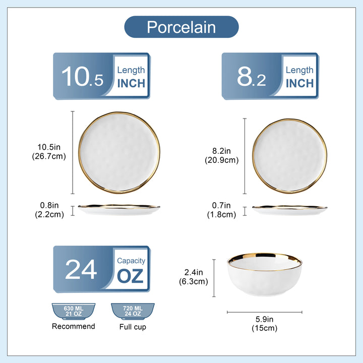 LOVECASA 12/24 Piece Ceramic Porcelain White and Golden Rim Dinnerware Sets With 4/8 PCS Dinner Plate/Dessert/Cereal Bowl for 4