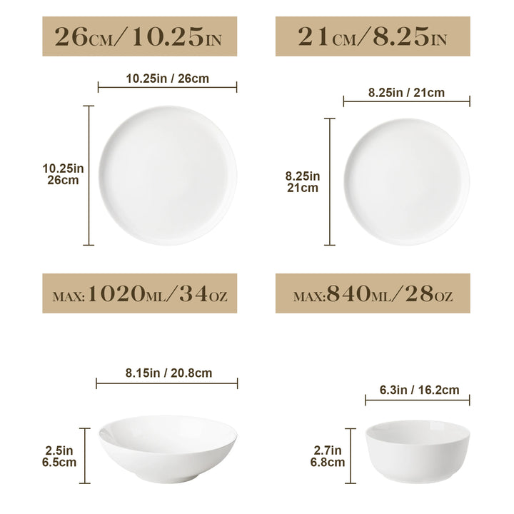 MALACASA 12/16/18/24 PCS Porcelain Plates Dinnerware Sets Ceramic Plates Set with 4/6 PCS Dinner Plate/Dessert/Cereal Bowl/Soup